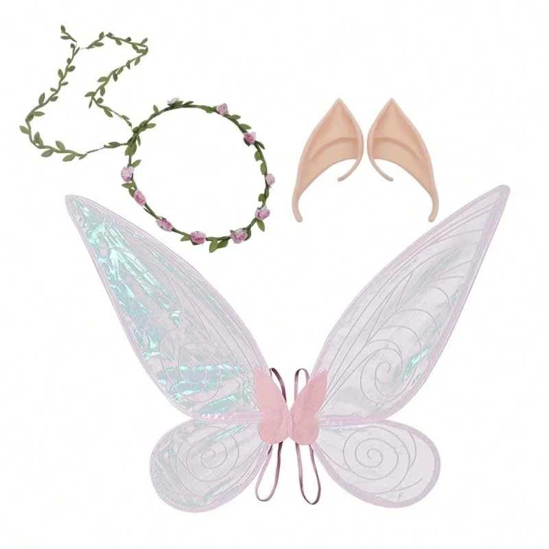 3Pcs Pink Fairy Cosplay Set, Butterfly Wings Wreath Elf Ears for Adult Halloween Masquerade