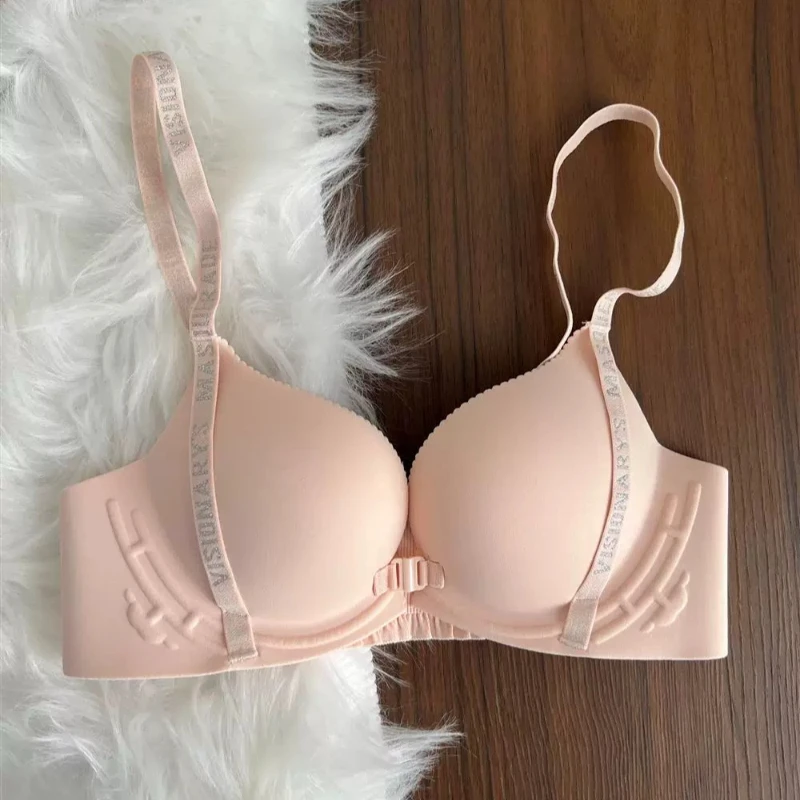Women Front-Closure Push Up Bra 3D Contoured Cups Lettering Straps Wire-Free, Lifting & Anti-Sagging Design Side Smoothing Slim