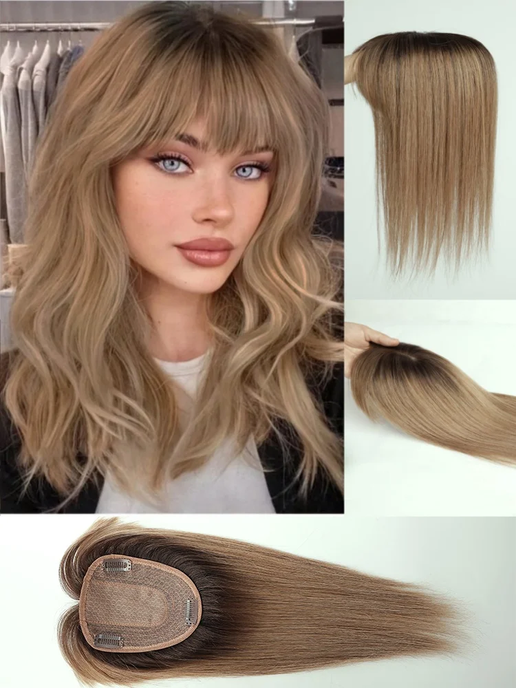14 inch bruin ombre rechte zijden basis menselijk haar topper met pony 100% remy haarstukje voor vrouwen dunne top clip-in extensions - afbeelding 2
