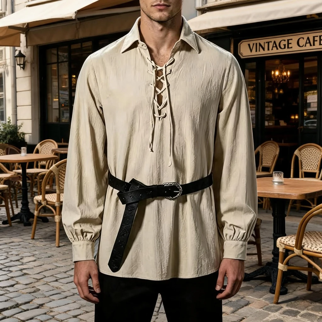 Men Vintage Medieval Lace Up Shirt, Turn Down Collar Long Sleeve Tunic for Renaissance Pirate Halloween LARP Cosplay