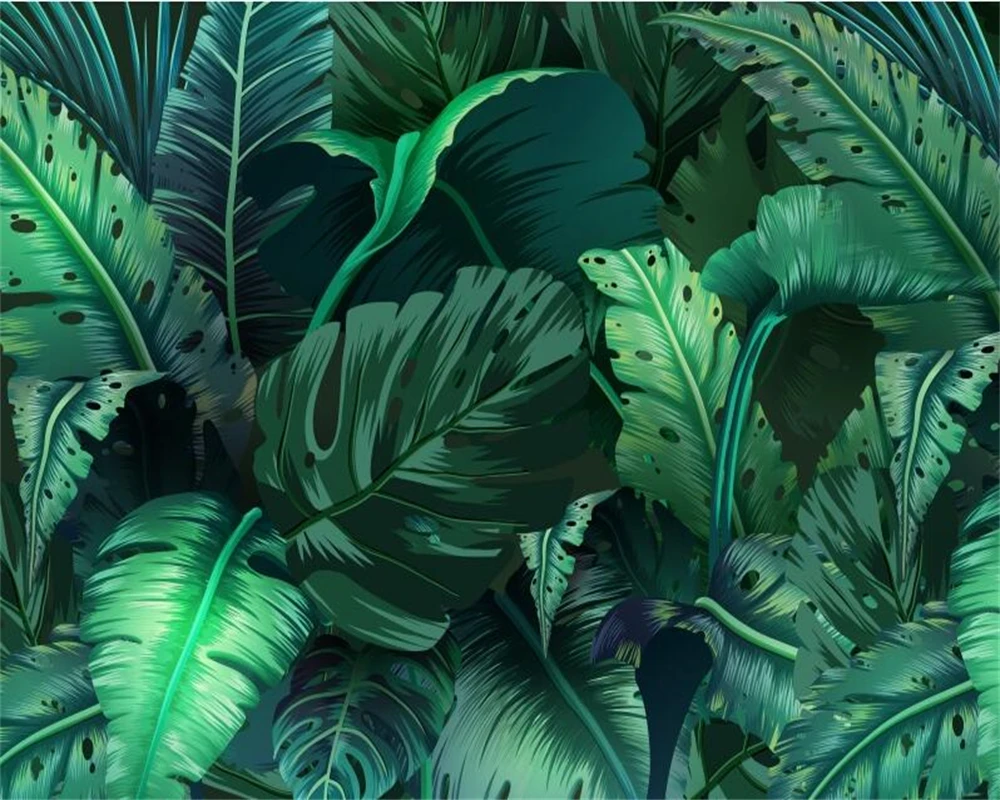 Customized Size Wallpaper Tropical Rainforest Plants Leaves Parrot Background Mural Home Decoration Palm Leaves 3d wallpaper