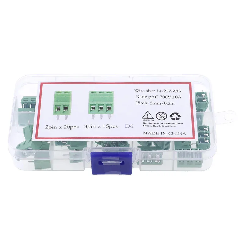 35pcs 300V10A Pitch 5.08mm KF127-2P 3Pin PCB Mount Screw green Terminal Block Connector Assorted kit