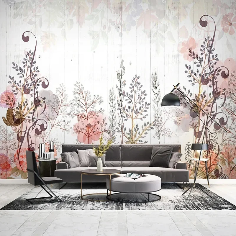 Custom 3D Papel De Parede Tropical Plants Flowers Wood Planks Grain TV Background lWall Painting For Bedroom Walls Home Décor