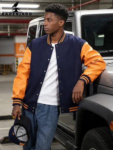 Imagen 2 del producto Chaqueta Varsity para Hombre con Mangas de Cuero Sintético, Chaqueta Clásica de Béisbol, Chaqueta Bomber con Bloques de Color, Ropa Ligera