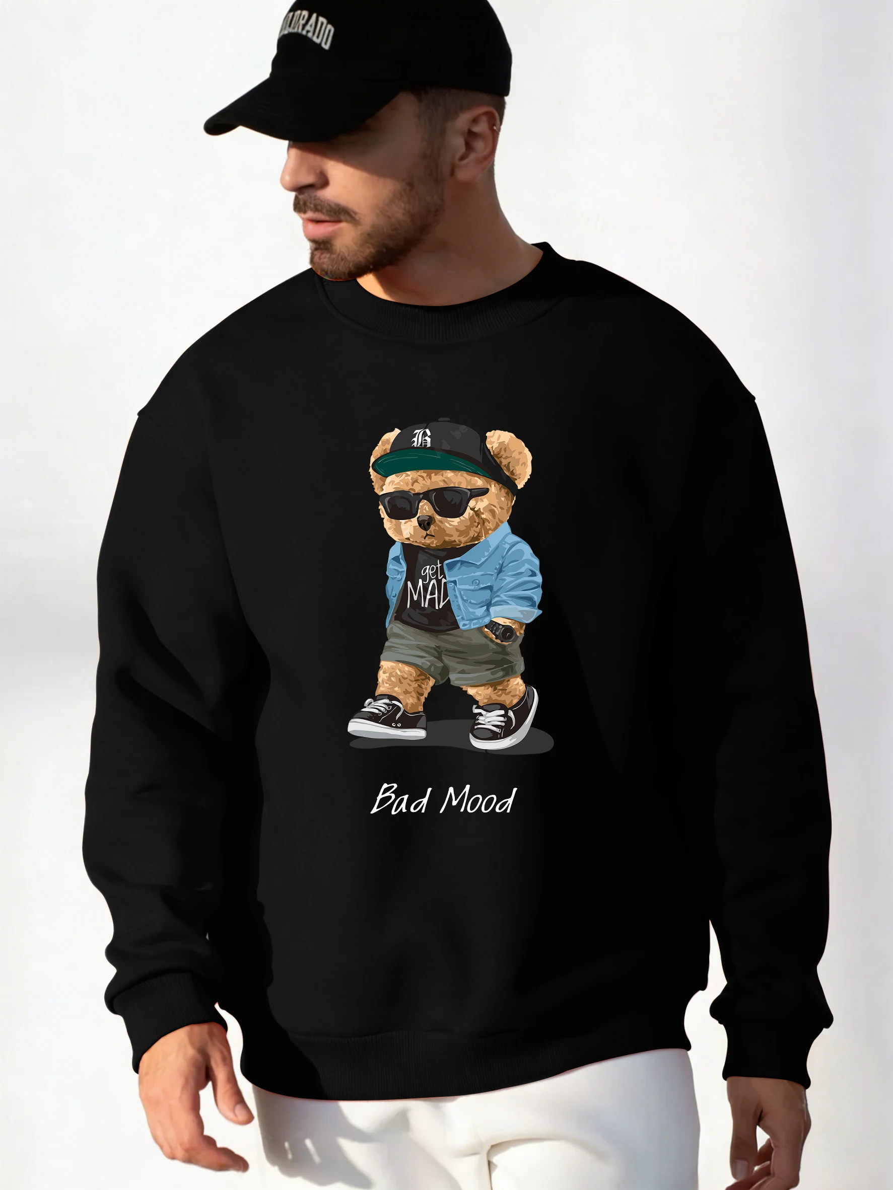 

Мужская базовая теплая одежда Bad Mood с мультяшным медведем, осенние удобные толстовки, винтажная уличная толстовка с капюшоном, спортивные модные топы