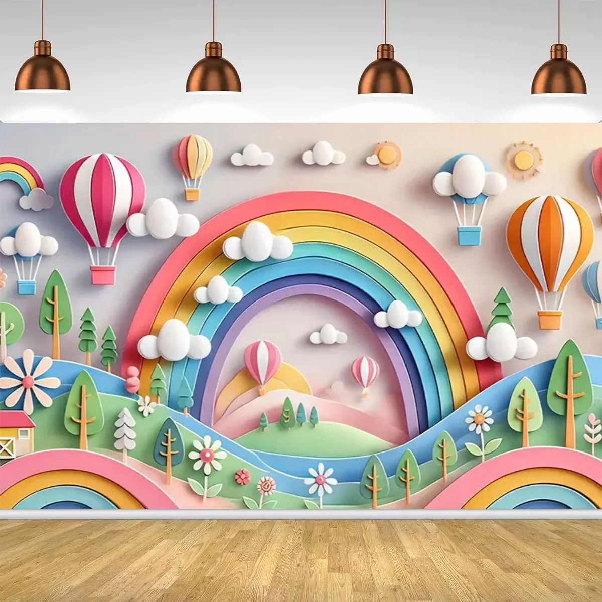 بالونات الهواء الساخن الزاهية وموضوع قوس قزح لديكور الحفلات خلفية قوس قزح الغيوم للأطفال لوازم حفلات أعياد الميلاد لافتة تزيين الحائط