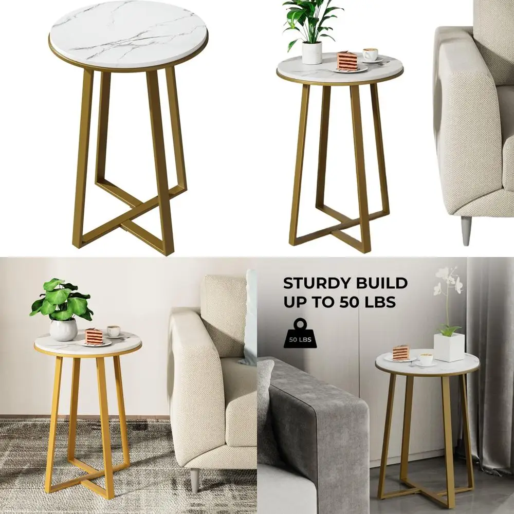 

White Marble Top MDF Side Table with Gold Metal Frame for Living and Bedroom Use