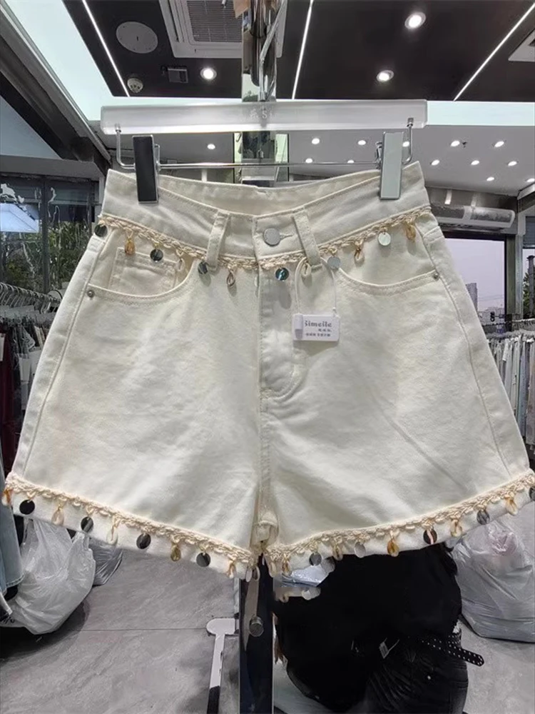 

Shell sequins tassel retro design wide leg denim shorts women's 2025 summer high waisted casual fashion A-line pants