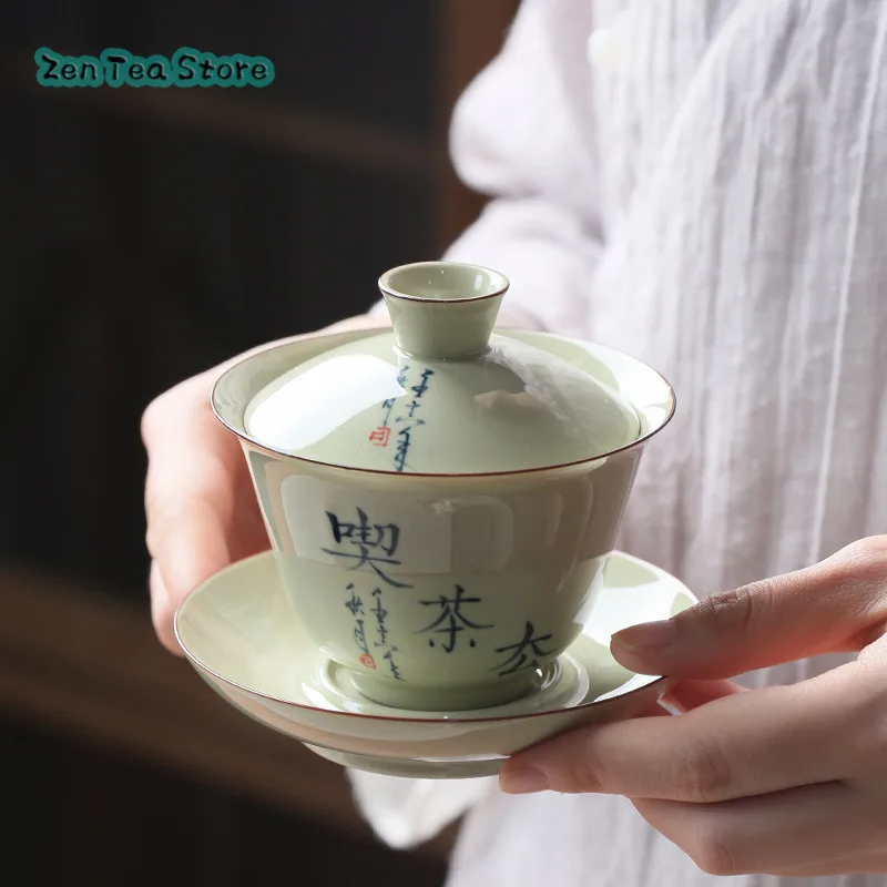 Wood Ash Hand-written Three Cover Bowl Under Glaze Color Hand-painted Tea Bowl Household Ceramic Tea Bowl Is Not Hot