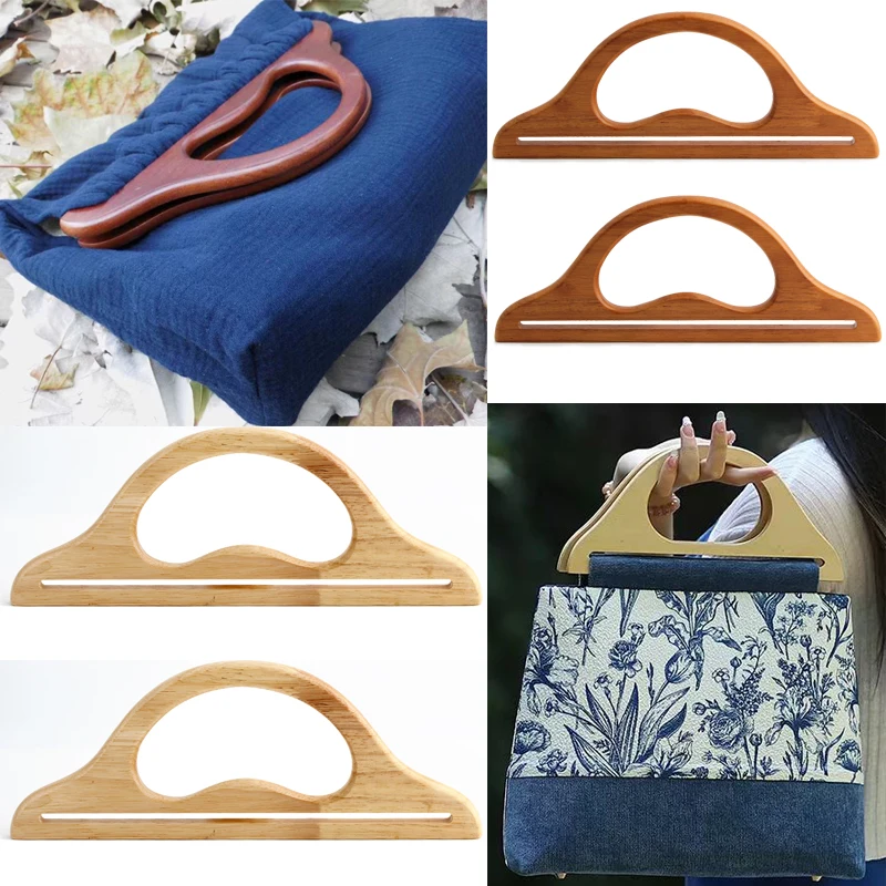 2PCS Natural Solid Wood Wallet DIY Knitted Bag Hanger Handle D Shape Wooden Beach Bag Straw Bag Handle Replacement