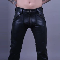 Black Matte Leather Men Sexy Slim Straight Pants Male Chic Zip Open Splicing PU Trousers With Pockets Streetwear Pant Custom