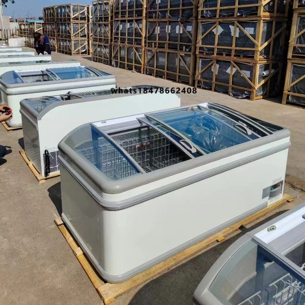 High Quality Commercial Glass Door Supermarket Deep Horizontal Frozen Food Island Freezer