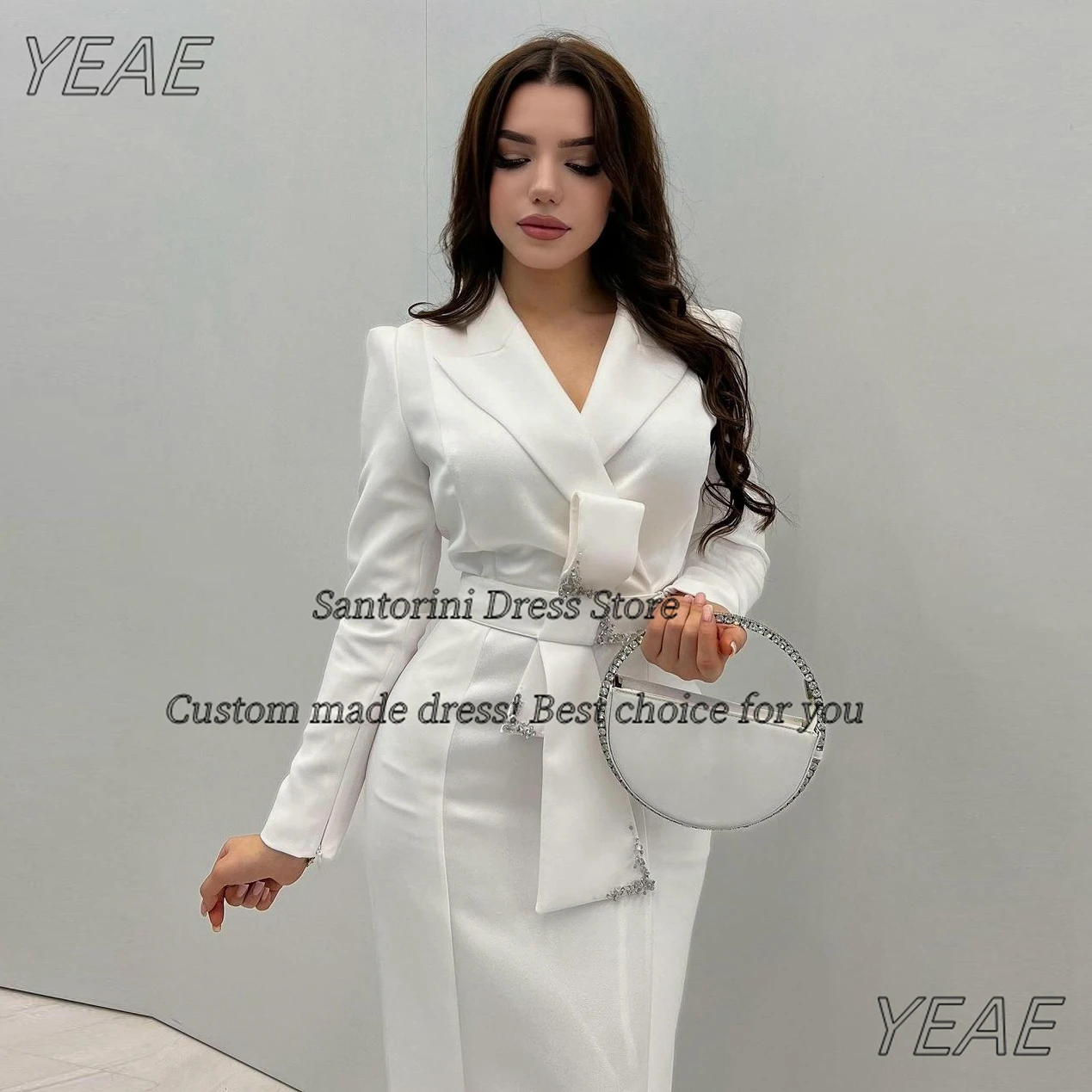 Santorini Lapel V Neck Evening Dresses 2024 Beaded Sash Long Sleeves Prom Dress Side Slit Wedding Party Saudi Arabia Dubai Women