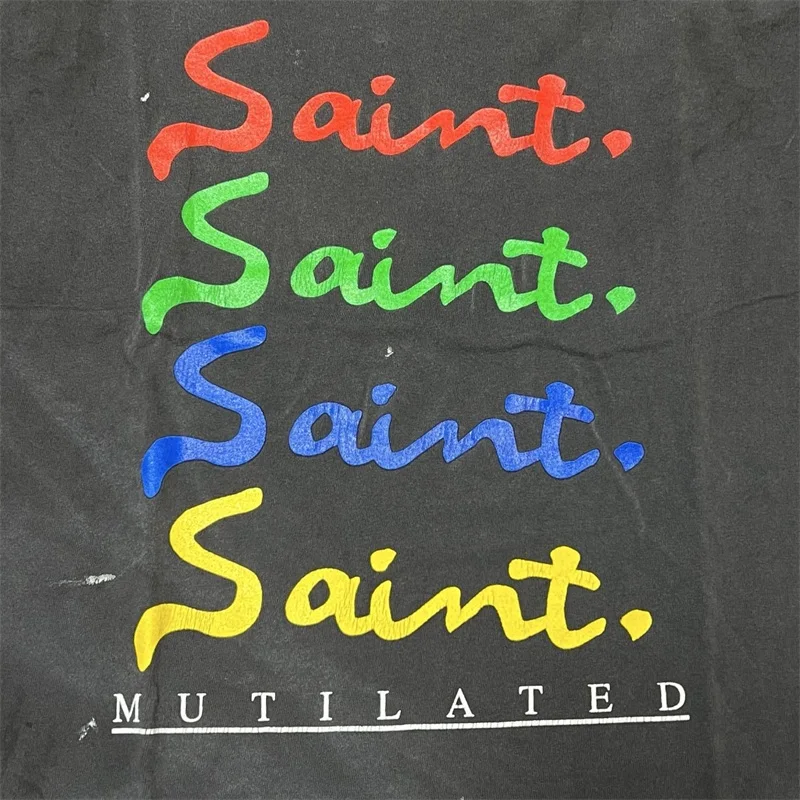 Vintage SAINT Mxxxxxx Washed Black Short Sleeved T-shirts Men Women 1:1 Best Quality Pure Cotton Oversized T Shirt