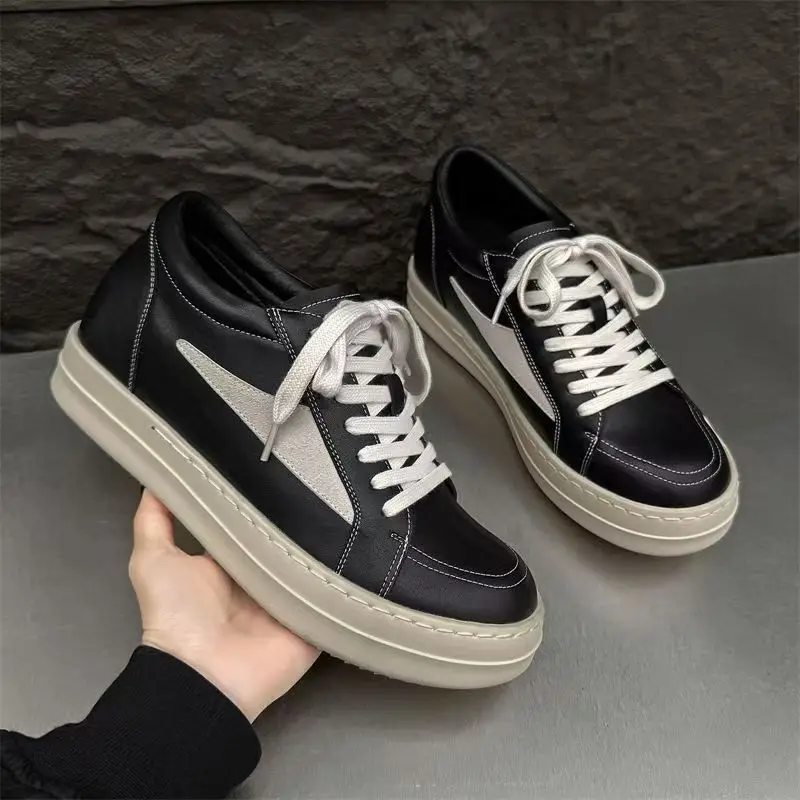 

2025 New Triangle Logo Genuine Leather Low Top Sneakers Black Fashion Casual Shoes for Men and Women with Height Increasing