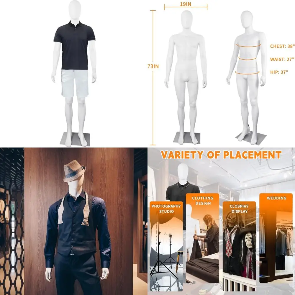

Adjustable Full Body Male Mannequin 73 Inches Tall Faceless Plastic Detachable Stand Metal Base for Display