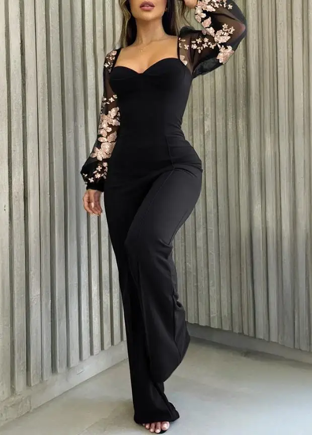 

Women's Jumpsuit 2025 Fashion Spring Heart Collar Sequin Lantern Sleeves Lace Up Casual Backless Seam Front Wide Leg Jumpsuit