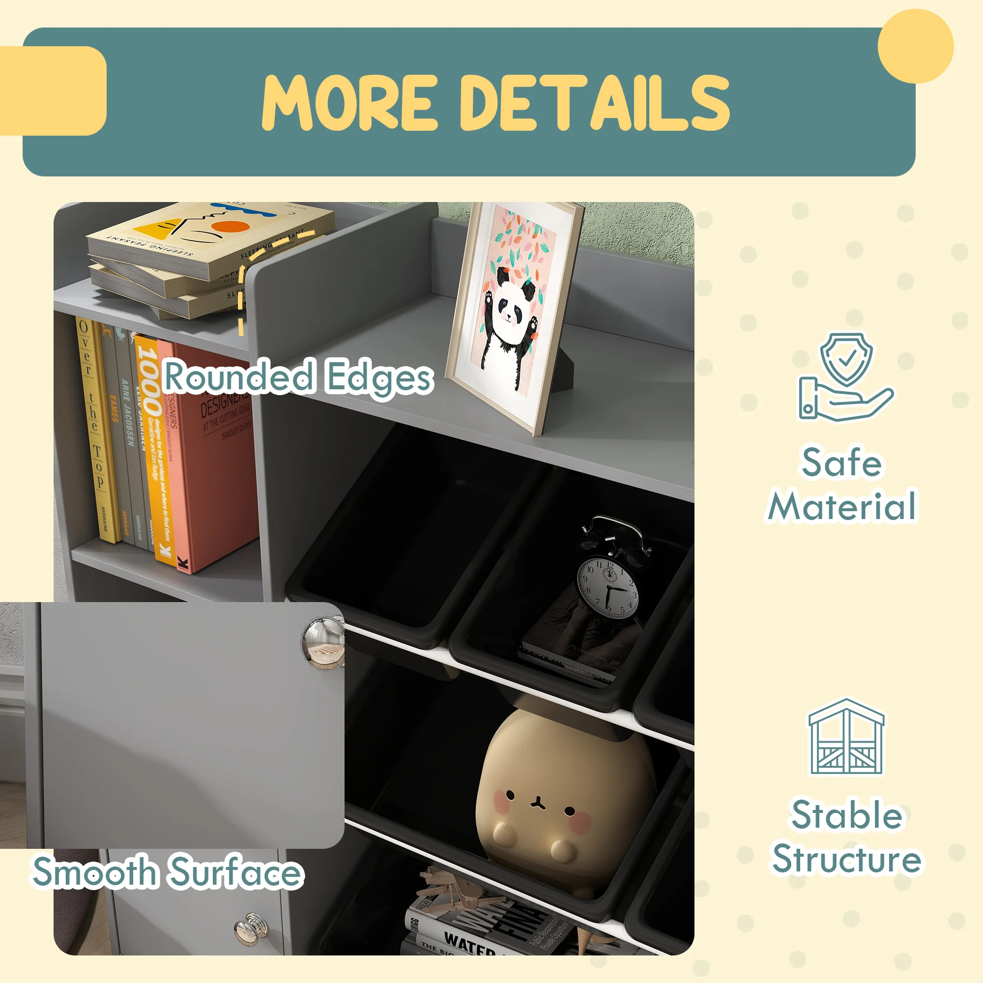 AIYAPLAY Toy Storage Unit, with 8 Removable Bins, Storage Shelves, Cabinet, for Playroom, Kids Room, Nursery, Grey