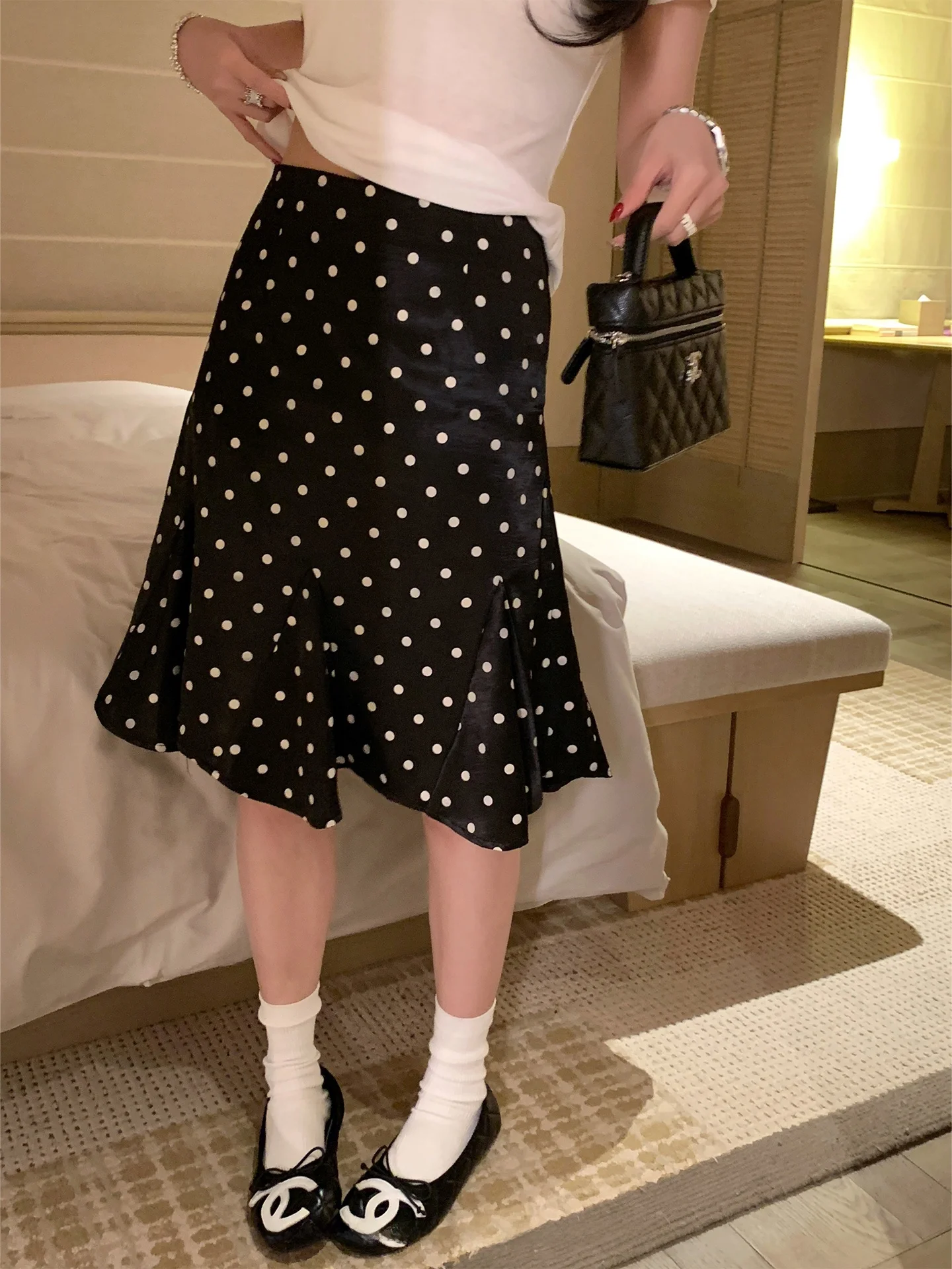 

Юбка А-силуэта с высокой талией, черная, в горошек, из шифона, женская, модная, весна-лето, стройнящая, новинка сезона