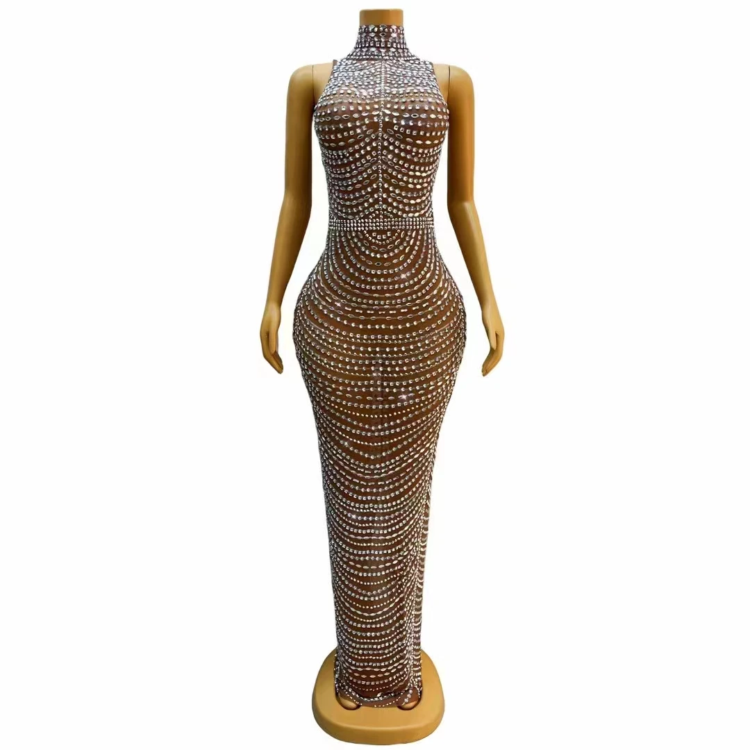 

Silver Full Rhinestones Mesh Prom Long Dress Elegant Sexy Transparent Celebrate Evening Party Outfit Singer Club Stage Costume
