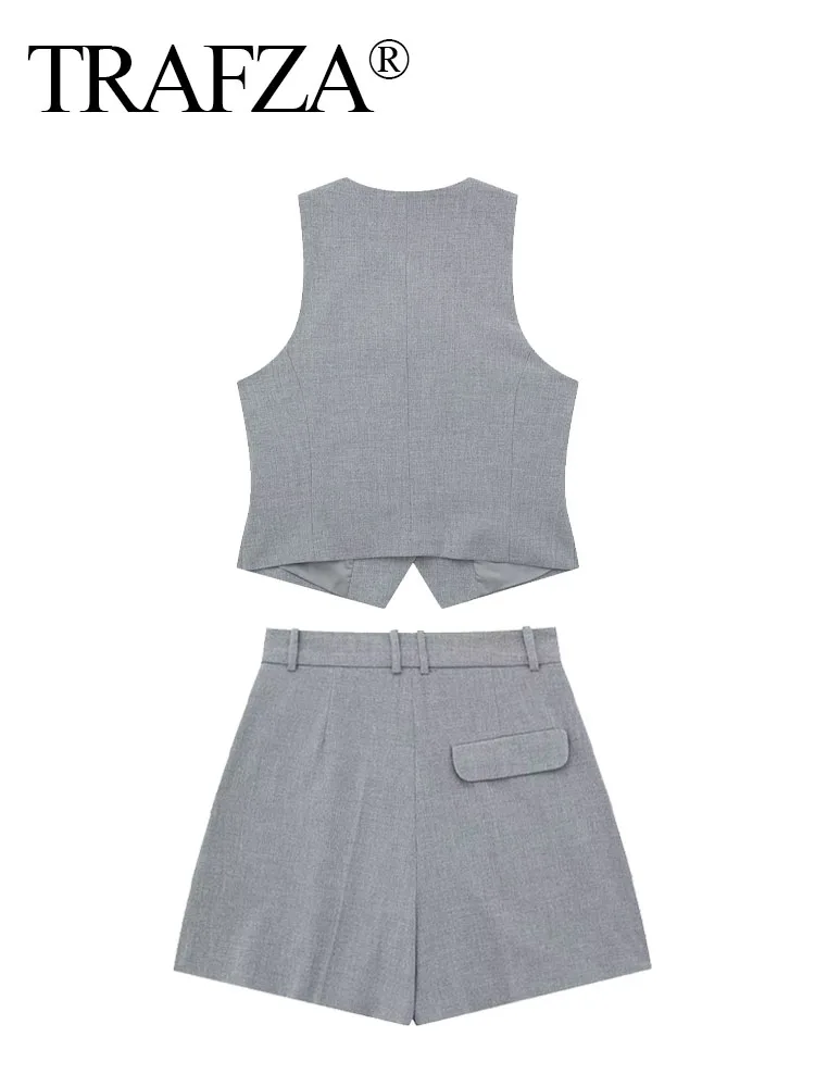 TRAFZA Shorts Suit For Women Vintage Grey V-neck Single Breasted Sleeveless Vests Top Zipper Fly Short Pant Office Lady Sets