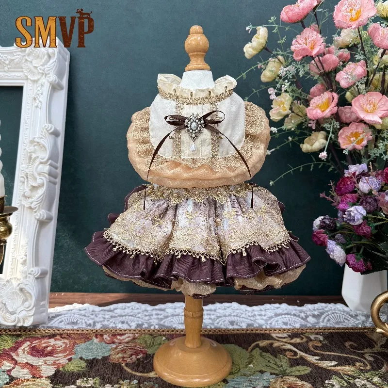 

Handmade Vintage Court-Style Pet Lolita Dress Luxury Lace Ruffled Princess Gown with Jewel Bow for Small Dogs Cats Pet Clothes