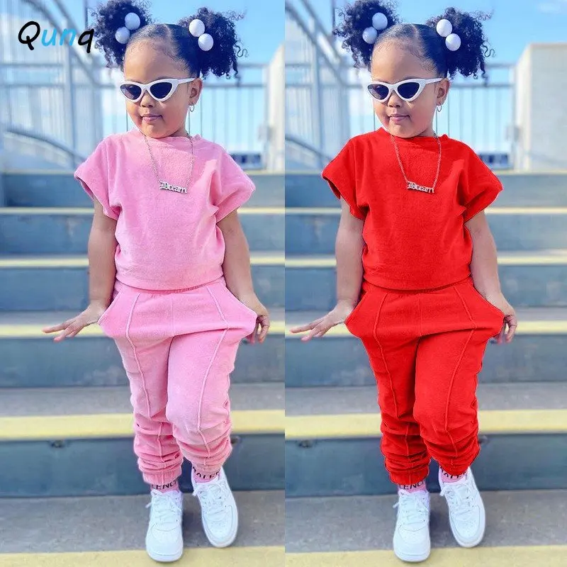 Qunq 2023 Summer New Girls Fashion O Neck Solid Short Sleeve Pullover Top + Pants 2 Pieces Sets Casual Kids Clothes Age 3T-8T