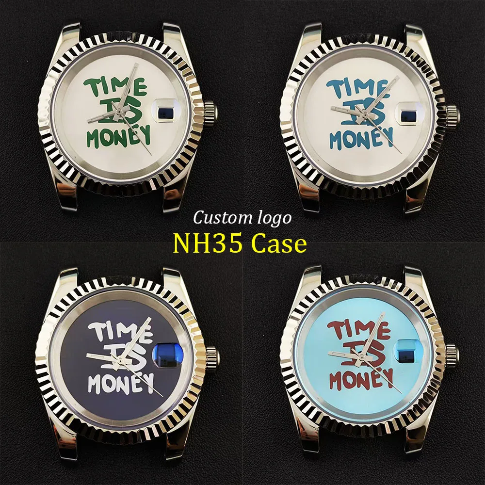 

Корпус NH35 Time is Money Корпус 39 мм, мужской корпус из нержавеющей стали, циферблат с индивидуальным логотипом, подходит для часов с механизмом NH35, аксессуары