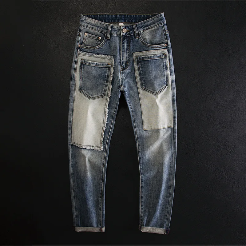 

High-end Patchwork Jeans for Men Slim Fit Stretch Patch Multi-pocket Design Trendy Streetwear Denim Pants