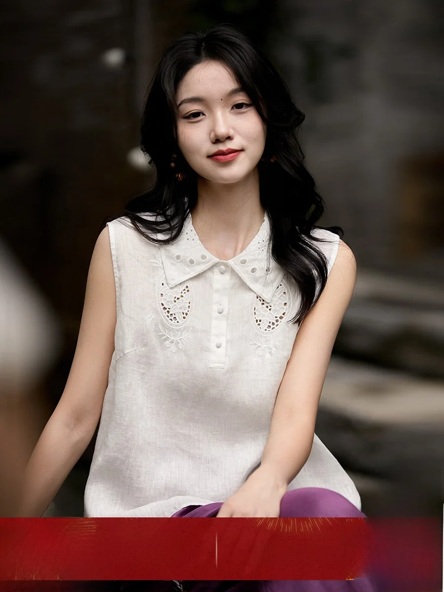 

Женский льняной топ Ele с вышивкой и вырезами, дышащий, комфортный, летний, модный, повседневный, офисный