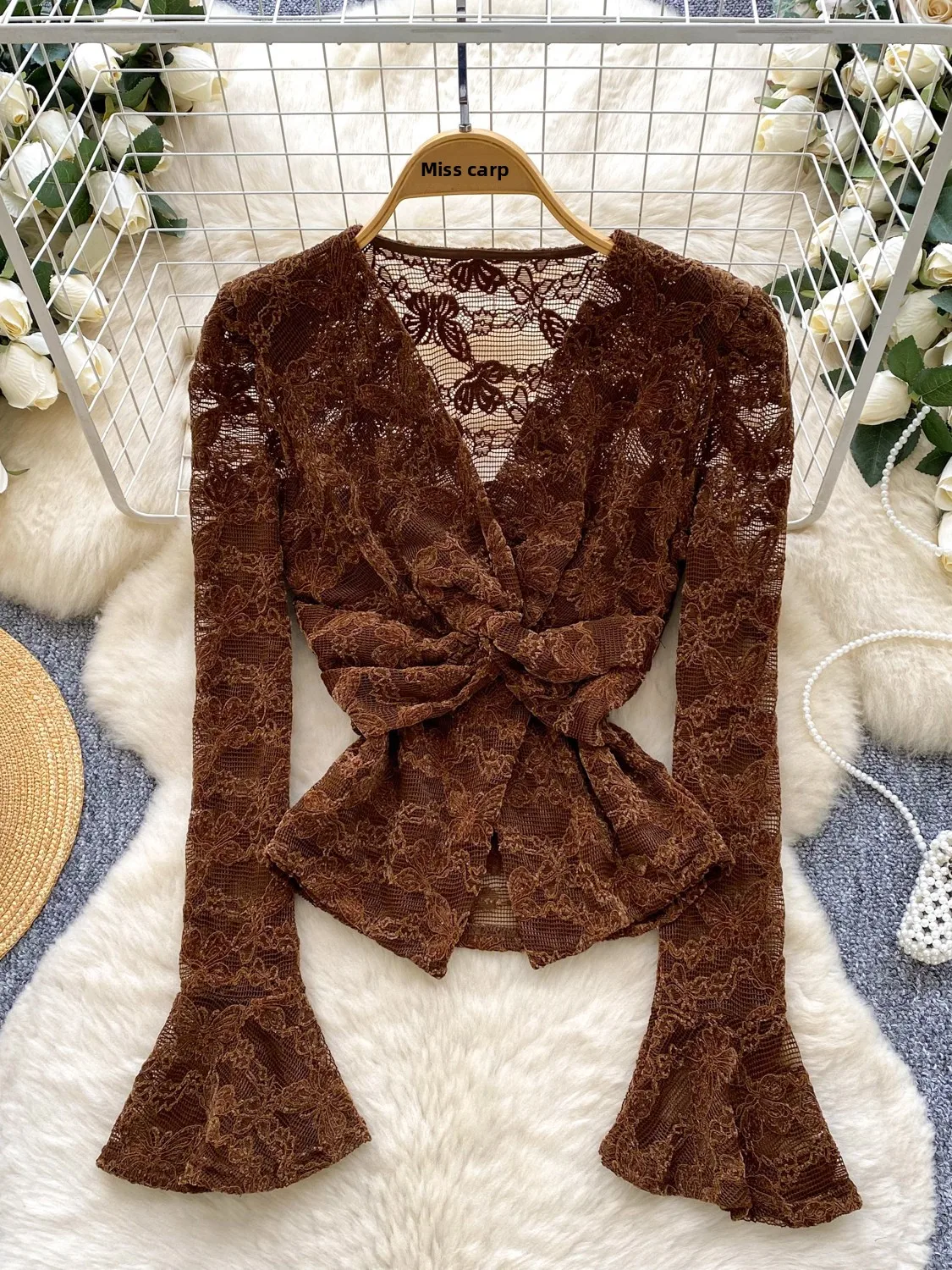 Ele Lace Long Sve Knot Ne Top Women's Faionable Base irt Slim Fit Korean Sle Polyester Fiber Breathable