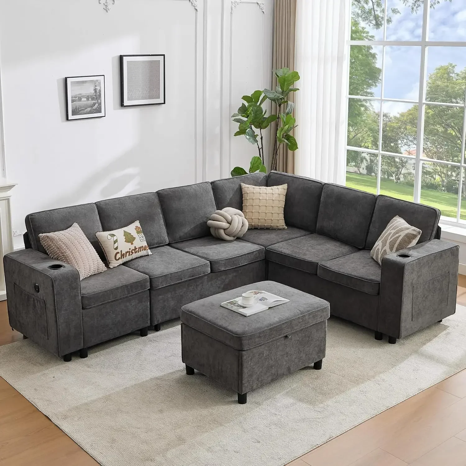 US Shipping Bestseller107 Inch Modular Sectional Sofa with Pull Out Bed, 7 Seat U Shaped Sectional Sleeper Sofa with Storage Ott