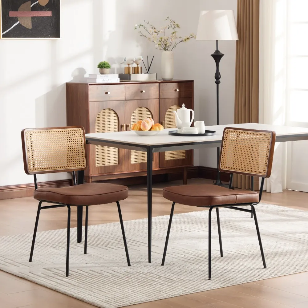 2 Stück moderne Vintage-Esszimmerstühle, mit PU-Leder gepolstert, armlos, mit Rückenlehne aus Massivholz, Rattan-Optik, verstellbaren Metallfüßen, 82,3 cm hoch, 58 cm breit, 47 cm Sitzhöhe, maximale