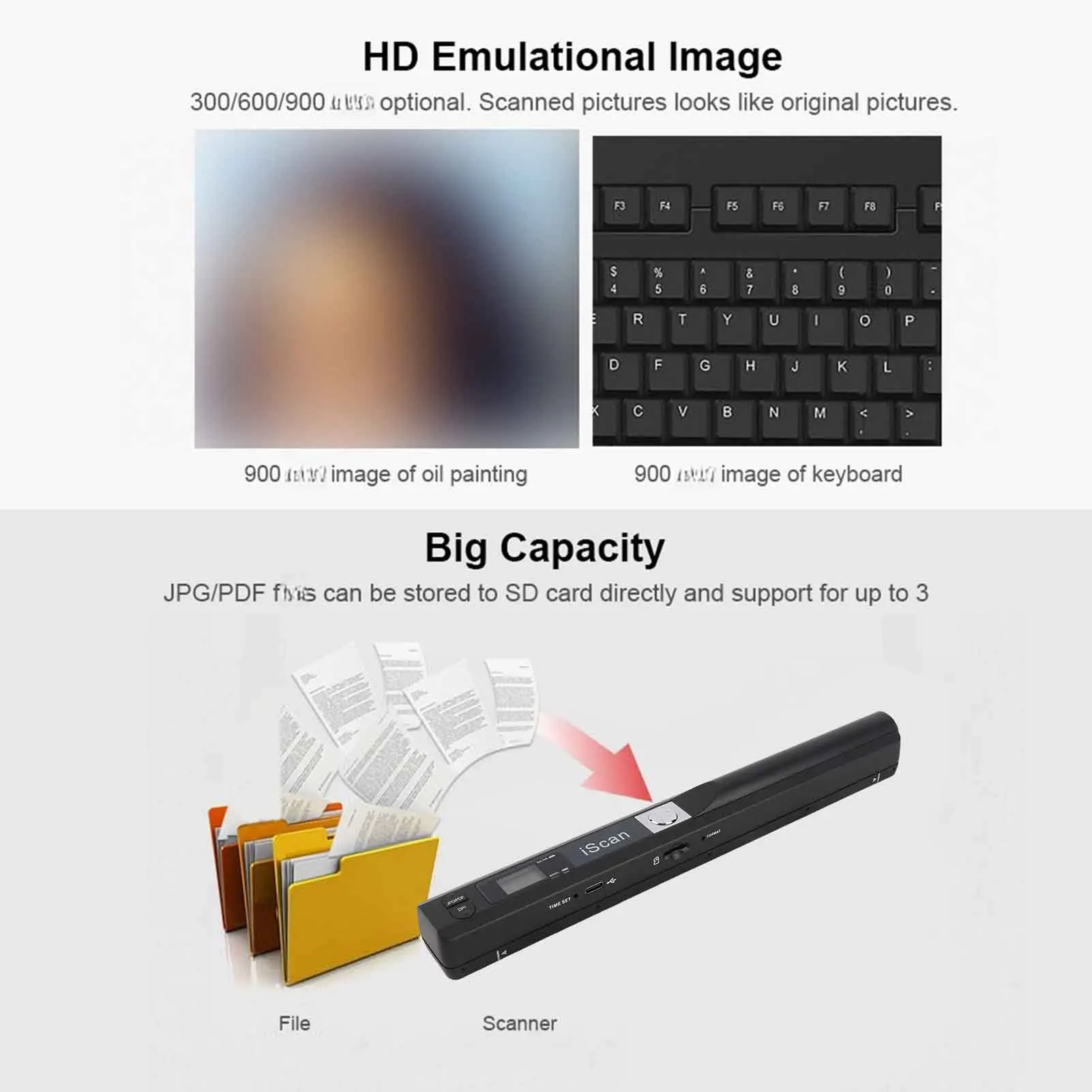 JPG and PDF Format Portable Scanner Mini Handheld Document Scanner  Book Scanner JPG and PDF Format 300/600/900 Movement Speed