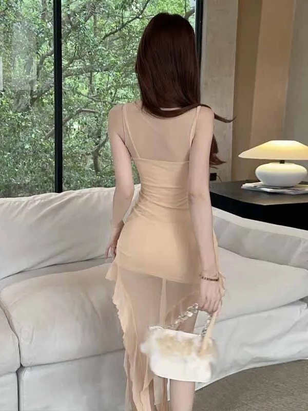 2024 Summer Pure Desire Spicy Girl Temperament Irregular Mesh Splicing Sheer Cinching Waist Wrap Hip Slim Sling Dress XK48