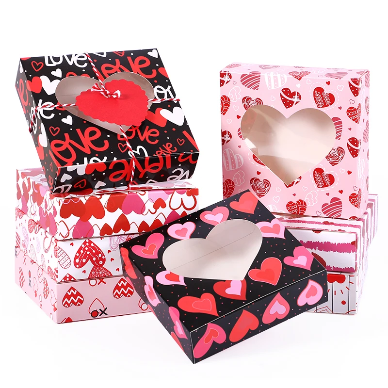 8 PCS Valentines Day Candy Gift Box Love Heart Cookie Baking Packing Paper Box with Window Wedding Birthday Party Decor Supplies