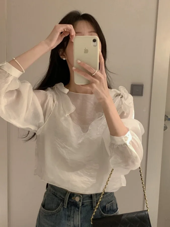 

Ele Spring New Knot Long Sve Women's Vest Top Two-Piece Set Casual Commute Sle Bubble Sve Regular Length