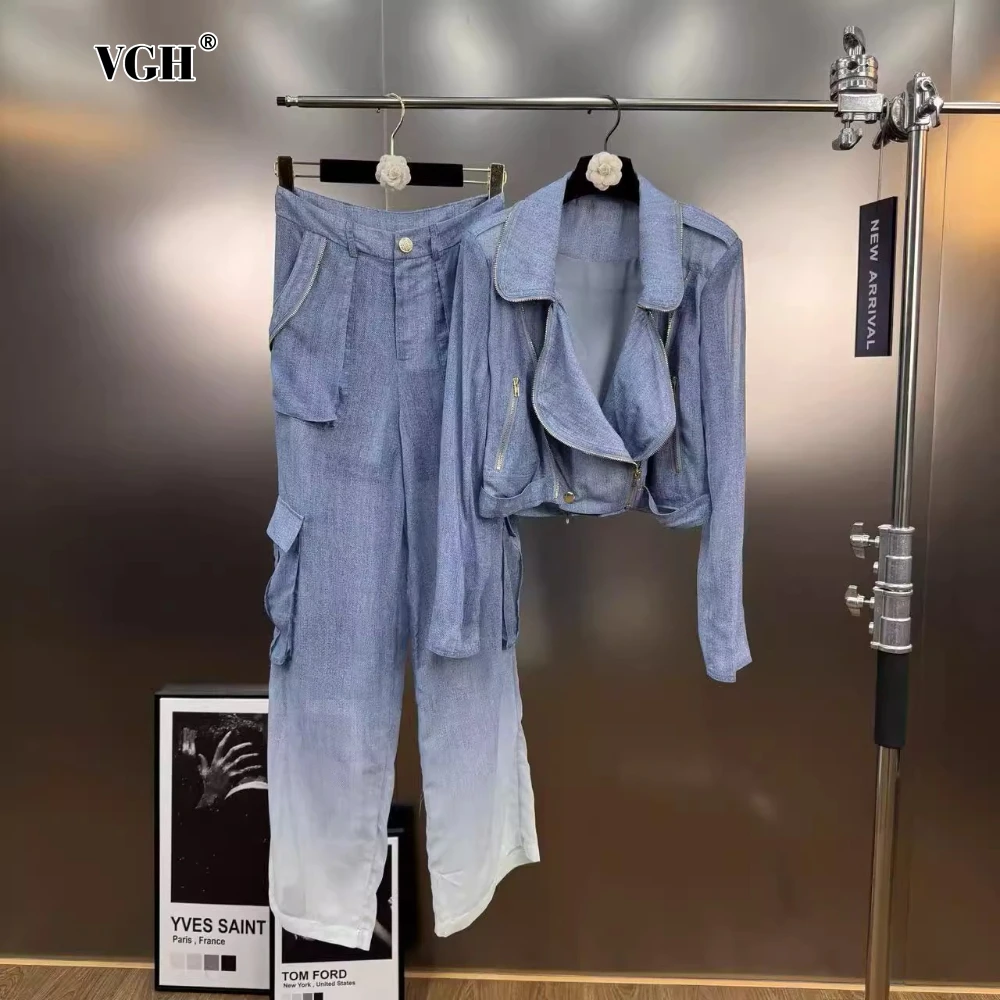 

VGH See Through Two Piece Set for Women Lapel Long Sleeve Jacket High Waist Spliced Pocket Cargo Trousers Suit Female Autumn New