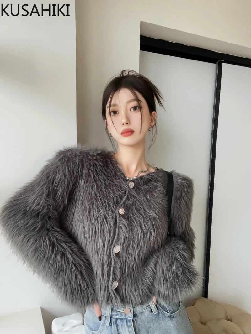 KUSAHIKI Korea Faux Mink Cashmere Knitted Coat Elegant Short Sweater Cardigan Women Autumn Fashion Knitwear Outwear Top 2023 New