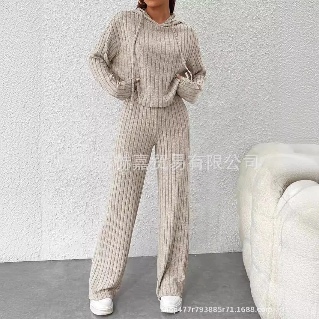 Mulheres conjuntos de duas peças calça conjunto em torno do pescoço manga cheia hoodies malha topos cintura elástica perna larga calças compridas solto casual