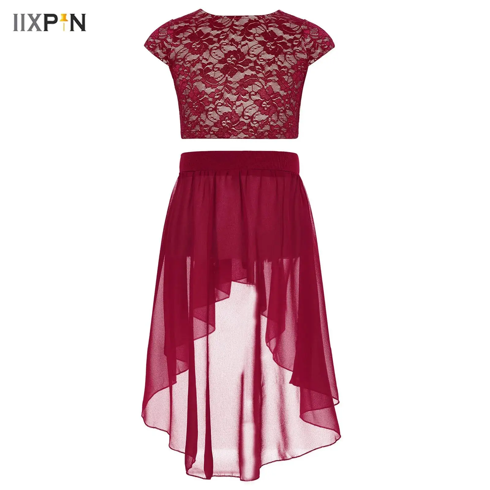 

Kids Girls Lyrical Dance Costume 2Pcs/Set Cap Sleeves V-Back Floral Lace Crop Top with High-Low Chiffon Skirt Ballet Dancewear