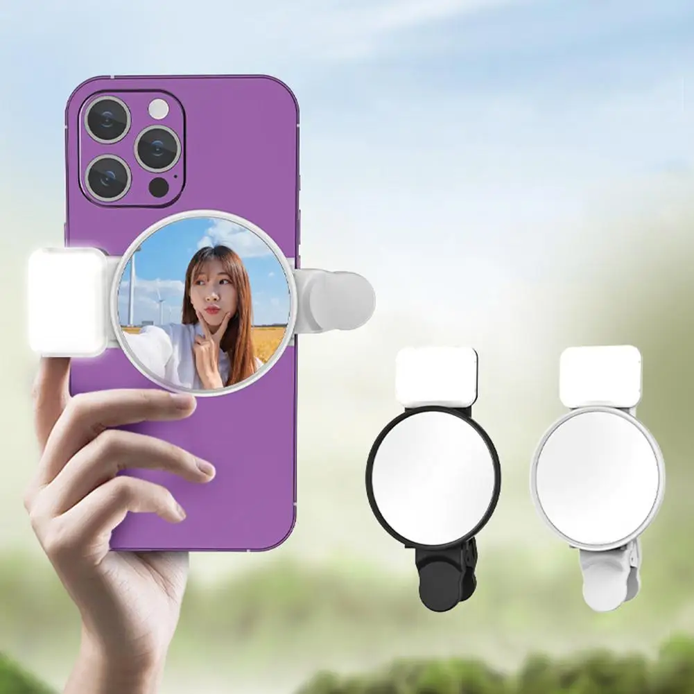 2 In 1 Phone Selfie Mirror Reflection Lamp Clip Kit Universal For iPhone 15 Portable Rear View Fill Lights