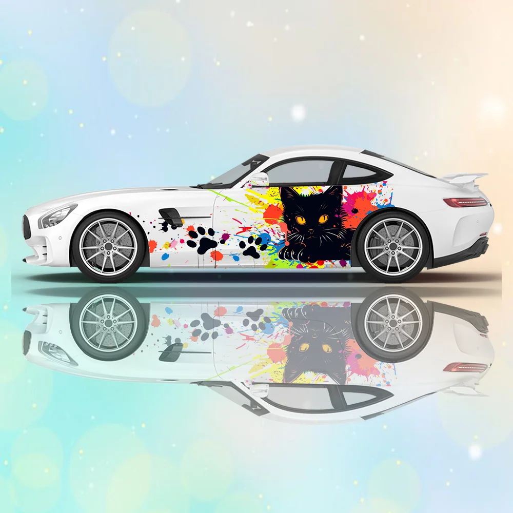 

Colored Splash Black Cat Paw Print Car Sticker Decoration Covering Scratches Protective Auto Sticker Waterproof Car Vinyl Wraps