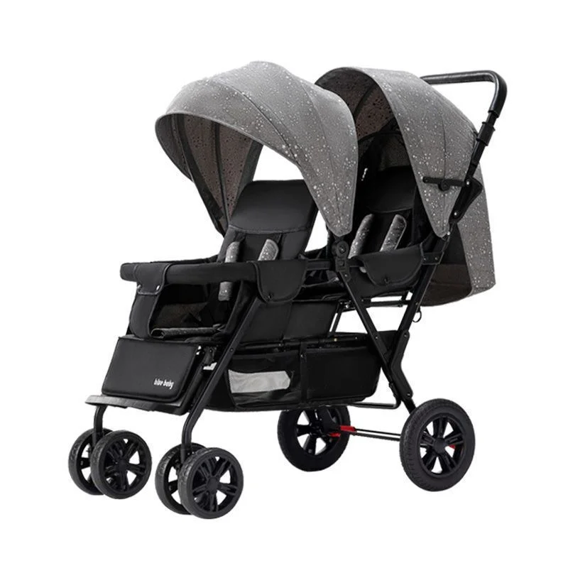 Cochecito doble con asiento trasero delantero, cochecito de bebé doble plegable y ligero para dos niños, cochecito para niños pequeños sentado o tumbado