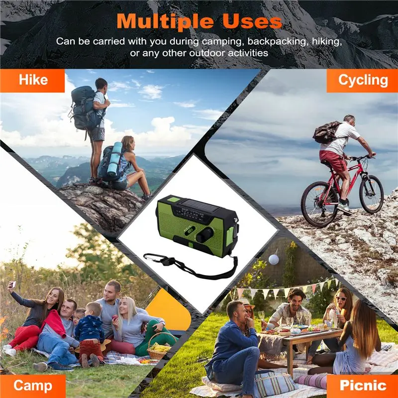 Emergency Weather Radio Hand Crank Portable Solar Charging With AM/FM/NOAA LED Flashlight SOS Alert 5000Mah-Y41A