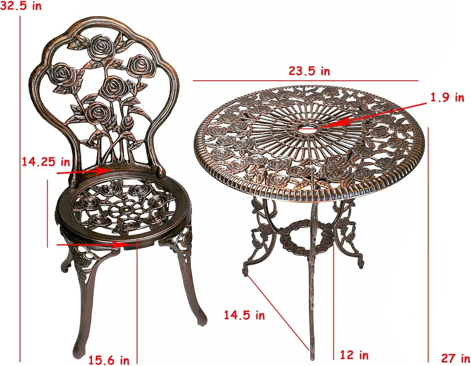 3-Piece Rose Bistro Set with 23.5-Inch Cast aluminum Top Table