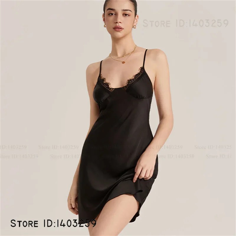

Сексуальная ночная рубашка с кружевной отделкой на бретельках, женское интимное белье, домашняя одежда, черная шелковистая атласная ночная рубашка, летняя ночная рубашка