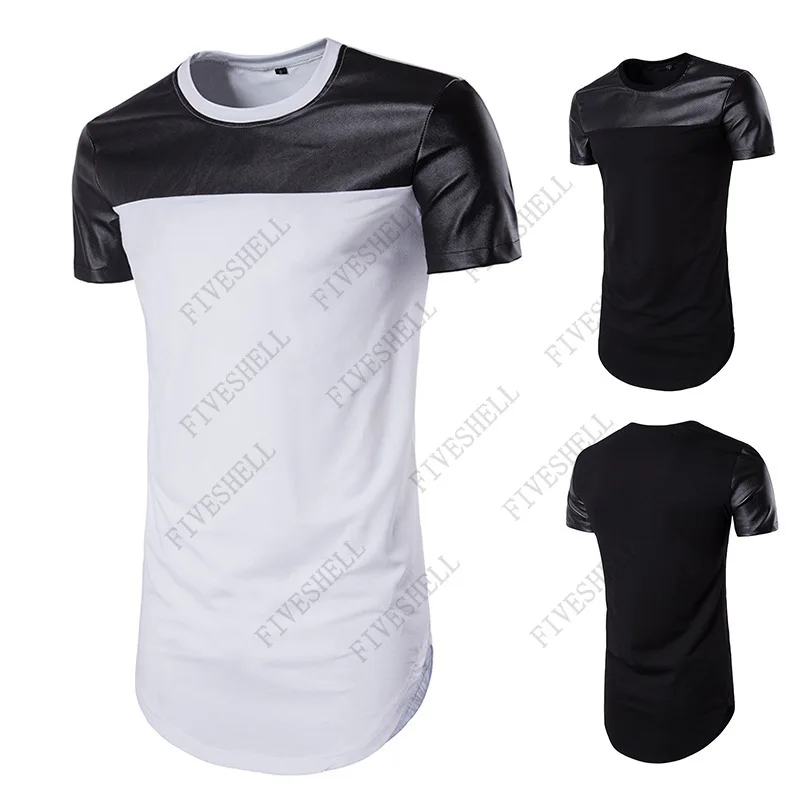 2023 Black Patchwork Leather Oversized T Shirt Men Summer Short Sleeve T-shirts Men Japanese Streetwear Harajuku Tee Shirt Homme