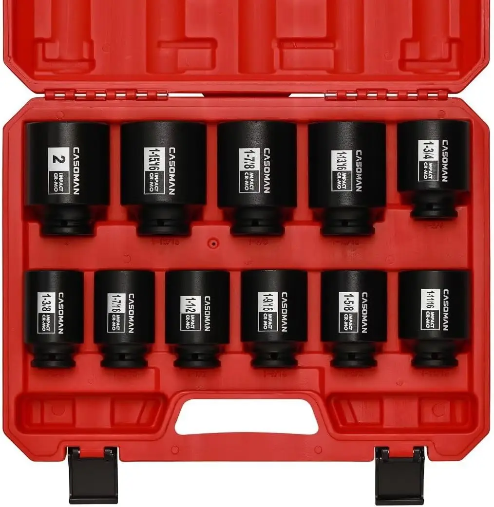 

Набор ударных торцевых головок 11 шт., привод 1/2 дюйма, SAE 1-3/8" - 2", хромомолибденовая сталь, для снятия гаек оси