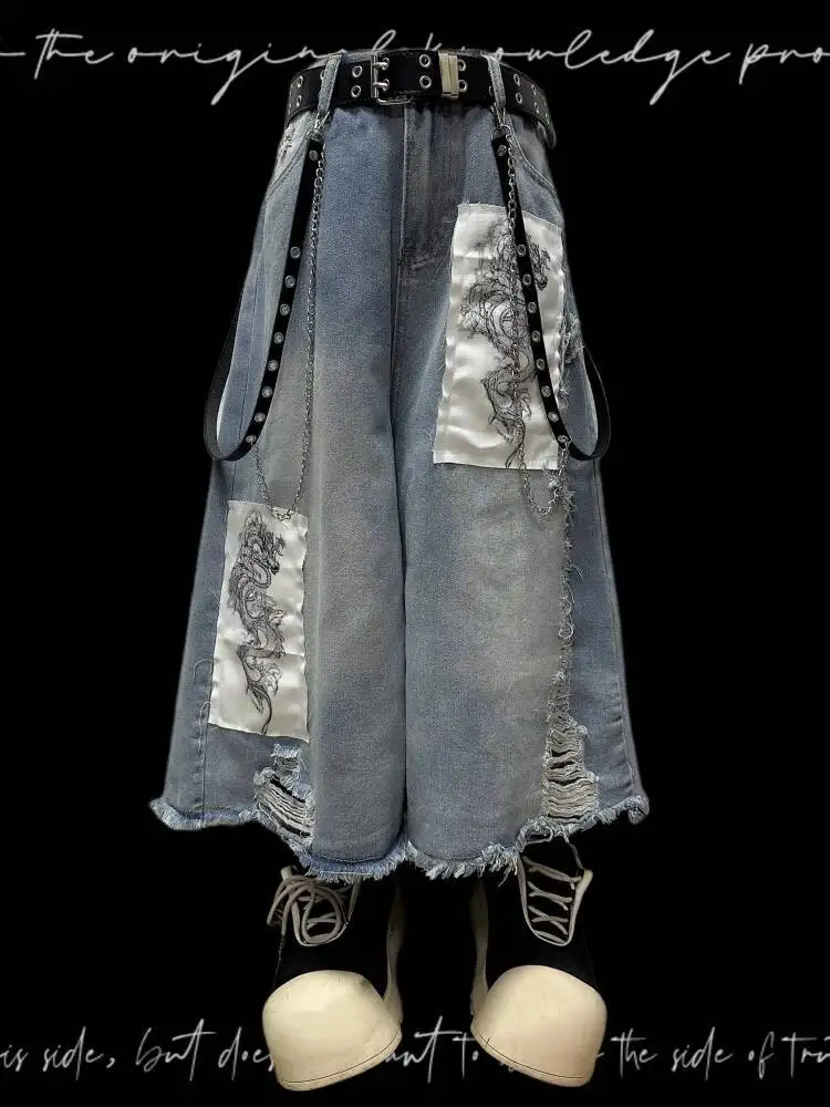 Vaqueros góticos punk unisex japonés vintage pantalones cortos de pierna ancha estilo Yamamoto apliques longitud denim con diseño